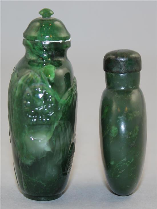 Two Chinese spinach green jade snuff bottles, 1800-1940, Richards no.s 238 and 408